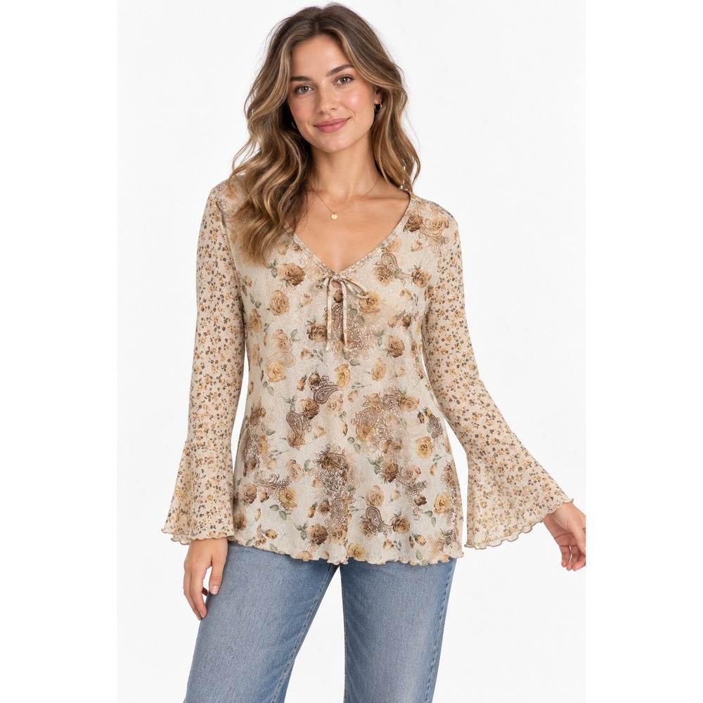 Jason Maxwell Floral Paisley Bell Sleeve Top M Bow Cottagecore Boho Romantic USA